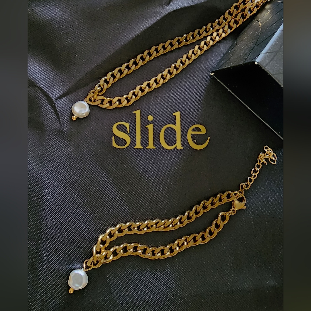 Slide Jewelry Stainless Steel Necklace Bracelet Set With Pearl. Nib